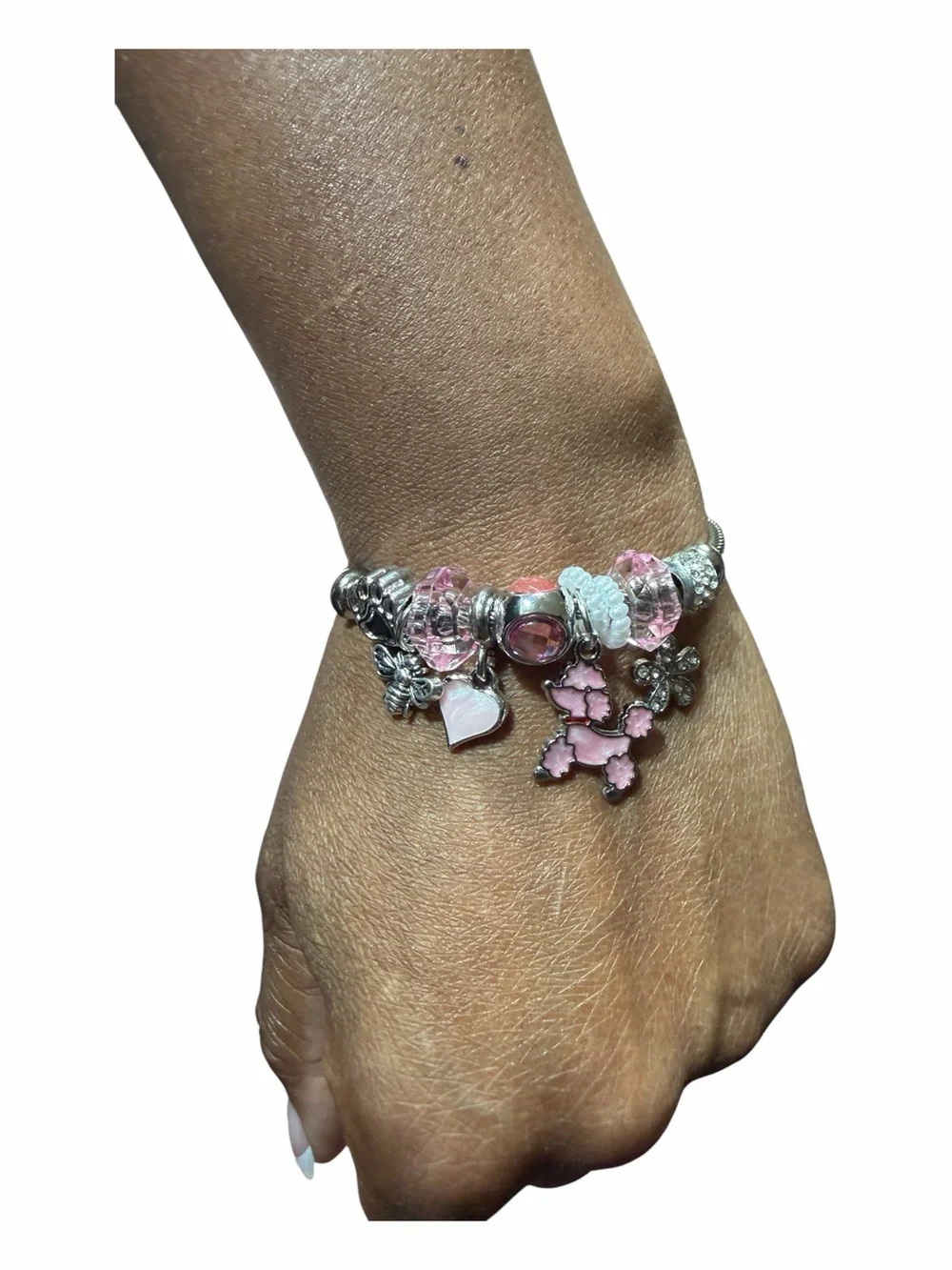 Pink Charm Adjustable Twisted Banglewith Enamel Heart & Poodle Charms